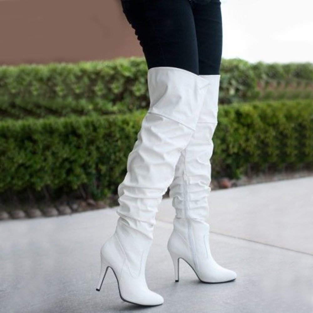 NEW White Slouchy Foldable Over The Knee/Knee High Boot Stiletto High Heel